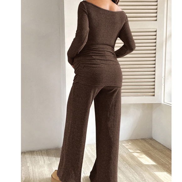 Maternity Wide Scoop Neck Ribbed Long Sleeve Top Wide Leg Pants Set - Picture 14 of 14